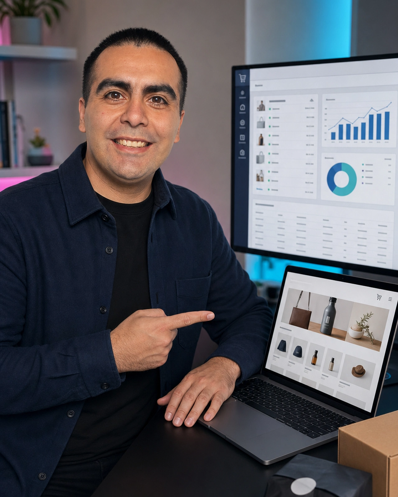 Álvaro Maureira revisando una tienda online y sus indicadores en un espacio de trabajo profesional