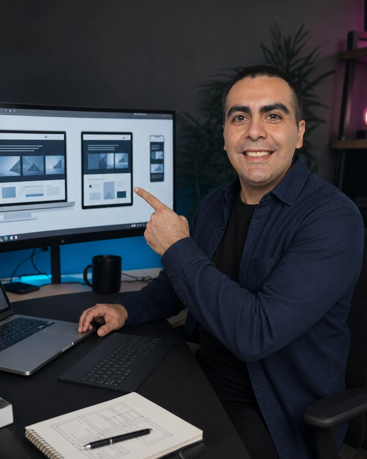 Álvaro Maureira trabajando en el diseño de una página web responsive en un estudio profesional
