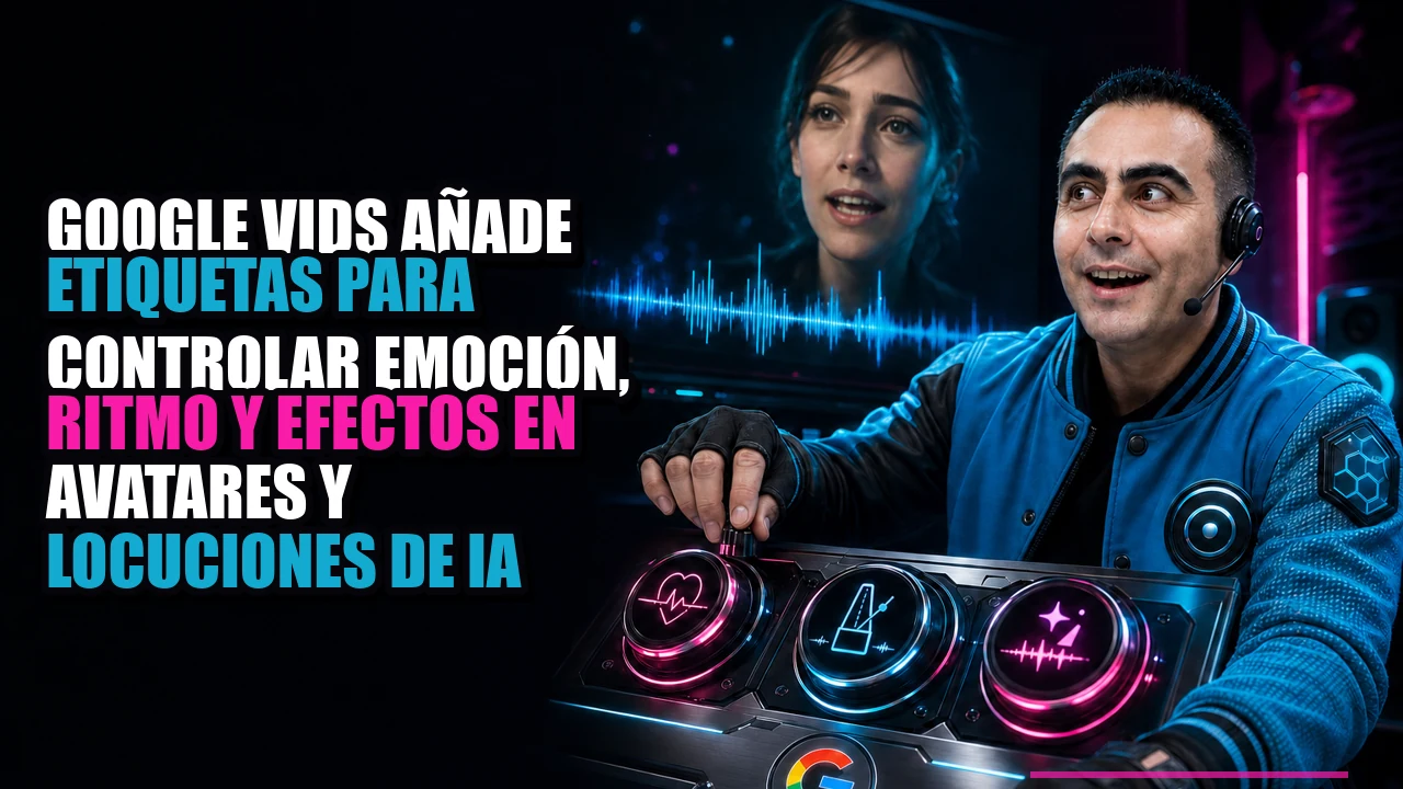 Portada de Google Vids añade etiquetas para controlar emoción, ritmo y efectos en avatares y locuciones de IA